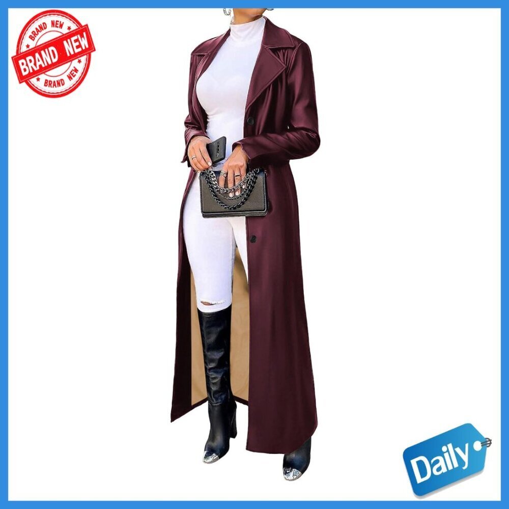 Faux Leather Maxi Trench Coat Lapel Collar Button Down Long Sleeve